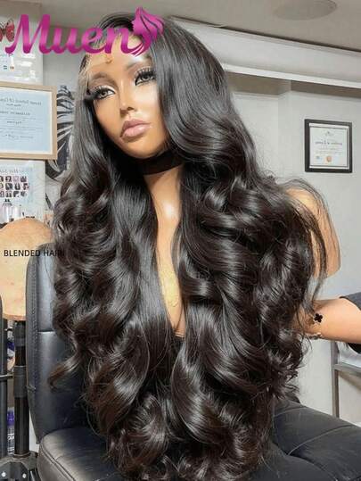 200%密度真人发混纺水波纹蕾丝前额假发，13x4/5x5蕾丝前额假发，女士真人发混纺假发，13x4水波纹真人发混纺假发，预先拔毛，适合女孩。