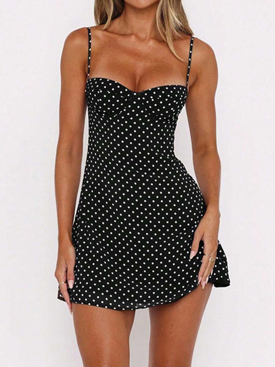 Women's Dots Print Mini Dress Sleeveless Spaghetti Strap A-Line Dress Summer Casual Dress - Black and White - View 1