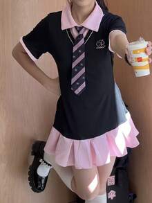 1pc Retro School Style Cosplay Outfit, Contrast Color 2 In 1 Long Sleeve Dress + Tie Student Uniform Set, Suitable For Graduation Photos, Bar/Club Parties, Dates, Valentine's Day - Black - View 19