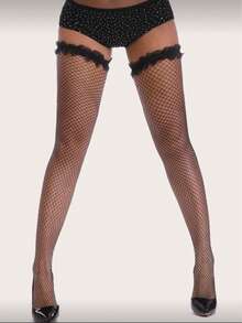 1 Pair Sexy Lace Trim Fishnet Thigh High Stockings, Sheer Tights - Black - View 1
