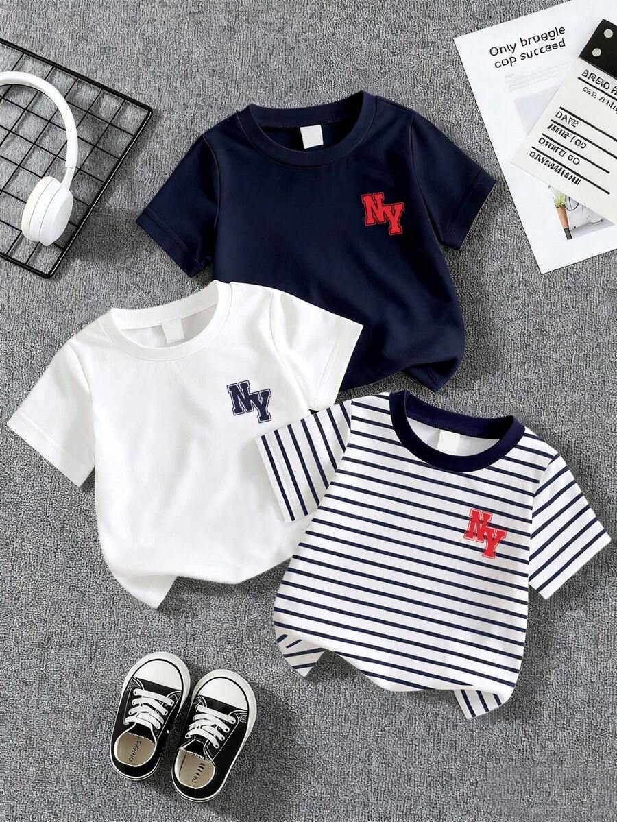 3pcs Baby Boy Letter Print Short Sleeve Outfit Set - Multicolor - View 1
