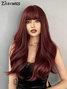 7JHH WIGS Loose Long Wavy Raspberry Red Wig With Bangs 26 Inch Berry Red Hair Synthetic Curly Wave Wig Full Machine High Density Synthetic Heat Resistant Wigs For Women Daily Wear, Music Festival Cosplay Use - Burgundy - View 2