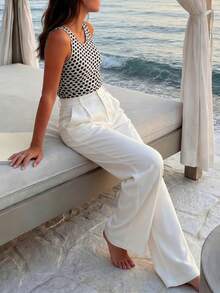 Plameo 女士高腰直筒白色长裤，显瘦，通勤，休闲，日常，外出，度假，复古，时尚 - 白色 - 查看 3