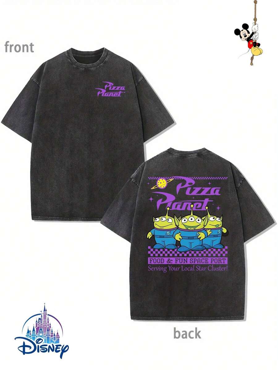 1 New Disney Cotton Washed T-Shirt, Disney Fun Toy Story Cartoon Pattern Printing, Round Neck Leisure And Comfortable Cotton Washed T-Shirt, Suitable For Sports And Daily Wear, Good Choice For Gifts, Necessary For Parties, High-Quality Clothing, Suitable For Gifts. - 黑色 - 查看 1