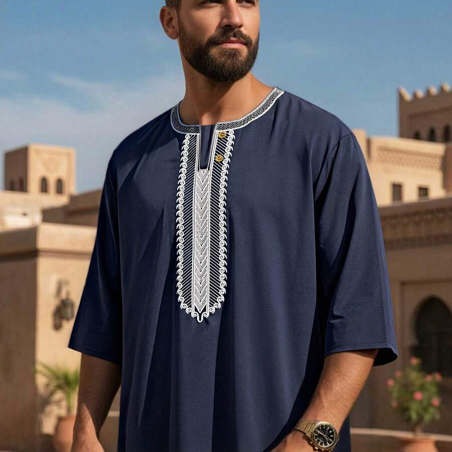 Men's Eid Embroidered Robe Thobe Men's Solid Color Pullover Gandoura Thawb Men's Traditional Gandoura Thobe Robe With Pockets - Navy Blue - View 1