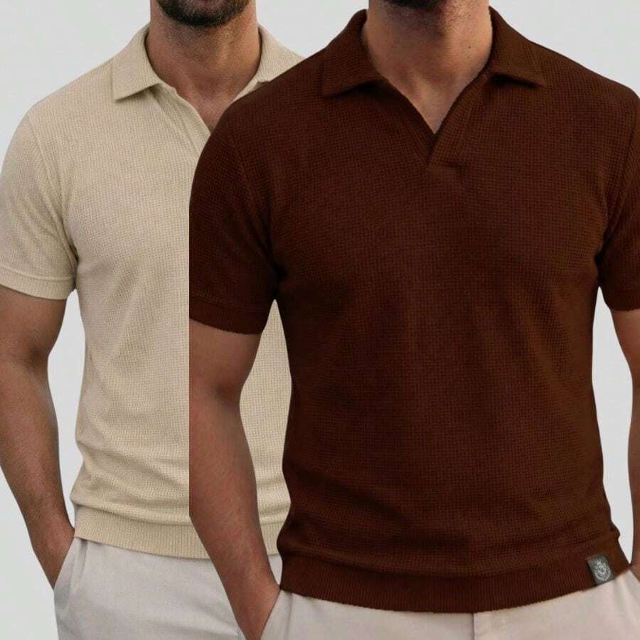 Kit Of 2 Italian Textured Polo Shirts Without Buttons, Slim Sleeves. - Beige and Brown - View 1