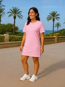 Vestido Camisetão Alongada Feminino Malha Longline T-shirt  Casual    Praia  Férias - Rosa Bebê - Visão 1