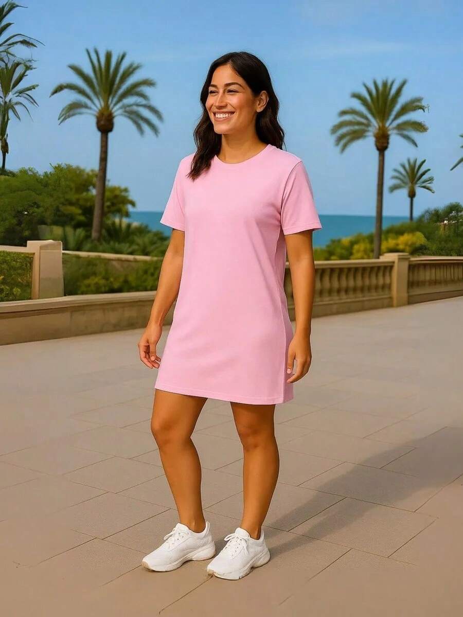 Vestido Camisetão Alongada Feminino Malha Longline T-shirt  Casual    Praia  Férias - Rosa Bebê - Visão 1