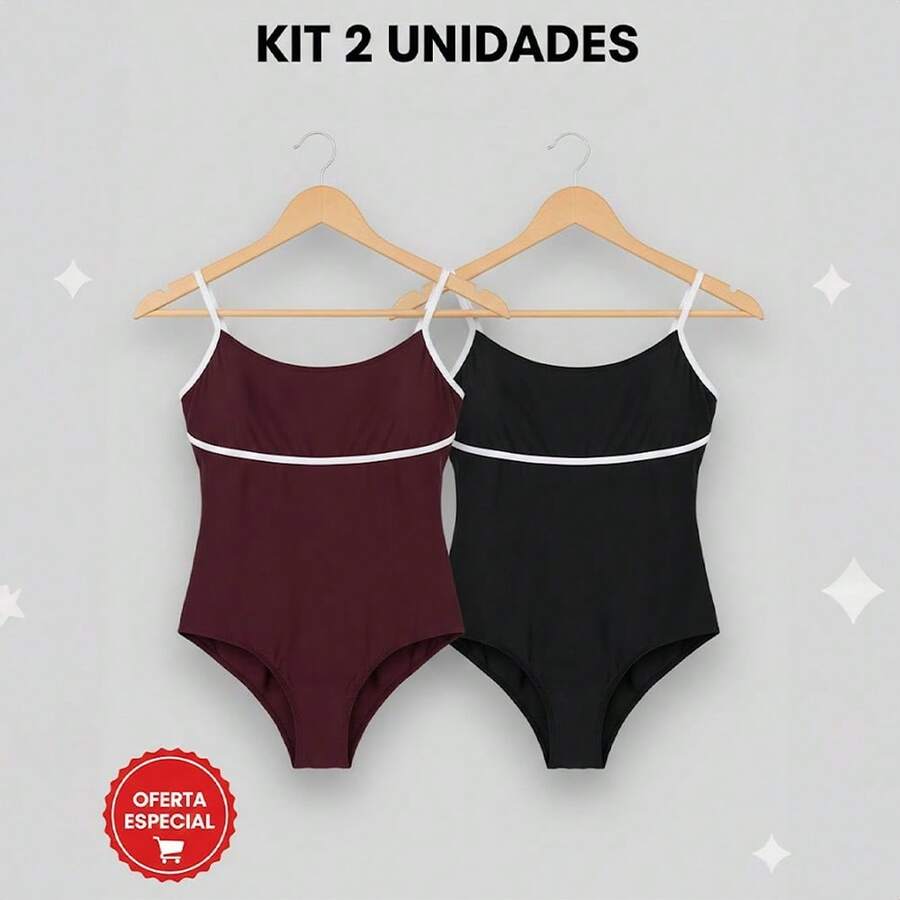 Kit 2 Body Preto e Marrom de malha plus size sem mangas com decote redondo, acabamento contrastante e tecido altamente elástico.