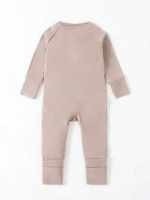 Junblebaby Baby Boy Bamboo Fiber Zipper Romper ,Tight-Fitting Style-Bamboo Fiber Solid Color Long-Sleeved Zipper, Baby Boy Clothes, Bamboo Baby Jumpsuit, With Bidirectional Zipper & Foldable Footie (0-3Y) - Màu Khaki - Xem 3