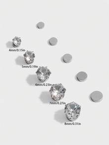 5件套闪亮银色仿锆石磁性耳环，无需耳洞，适合女士派对佩戴，可作为礼物（不含卡片纸） - 銀色 - 查看 4