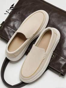 1. 简约设计师男士乐福鞋，柔软麂皮鞋面，方便穿脱，舒适圆头莫卡辛鞋，优雅绅士运动鞋，纯色设计，防滑加厚鞋底，适合日常休闲穿着，情侣装、约会装、派对装、节日礼物，春夏秋季皆宜，尺码偏小，建议选购大一码。 - 米色 - 查看 2