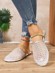女士镂空透气网面平底一脚蹬鞋，百搭休闲时尚优雅乐福鞋，适合派对、海滩、度假等场合 - 白色 - 查看 4