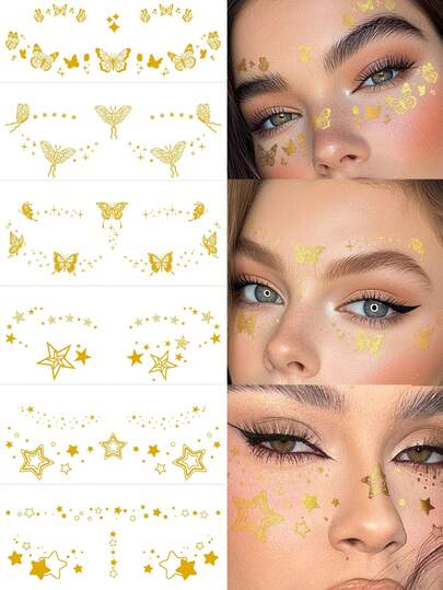 Gold Glitter Face Jewels Stickers, Gold Foil Butterfly Heart Star Moon Freckle Designs, Y2K Temporary Fake Tattoos, DIY For Carnival, Music Festival, Valentine's Day, Party Holiday Gifts, Suitable For Fingers, Ears, Shoulders, Neck, Collarbone, Body Skin Small Areas