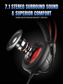 GX3 有线游戏耳机，带 RGB 灯光、环绕立体声、降噪麦克风，高性能 PC 游戏耳机 - 黑色 - 查看 5