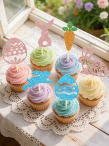 12/6pcs Easter Cake Toppers - Glitter Bunny, Carrot, Egg Cupcake Picks; Easter Cake Decorations, Easter Dessert Table Decor, Easter Home Baking DIY Decor, Easter Gifts Sweets Decor, Easter Atmosphere Decor Accessories, Easter Decorations, Suitable For Easter Party Decor Picks, Birthday Cake Decor Accessories, Spring Picnic Dessert Picks, Holiday Atmosphere Decor Props - Multicolor - View 8