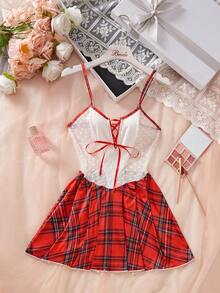 Women's Pajamas,White&Red,Tie Front,Sheer,Backless,Halter,Contrast Lace, Cut Out,Tight Fitting Camisole Skirt, Sexy Nightgown. - Red and White - View 6