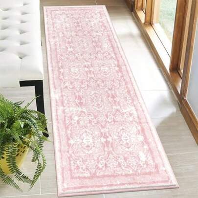 1pc Vintage Floral Rectangular Rug, French Style Hallway/Entryway Carpet, Soft Pink Base With White Woven Vintage Scroll Floral Pattern, Double Layered Floral Border, Presenting A Gentle Vintage French Vibe, Multiple Sizes Available, Hallway Runner Rug, Rug, Runner Rug, Area Rug, Mat, Home Decor, Area Carpet, Living Room Area Rug, Living Room Home Decor, Room Decor, Washable Rug
