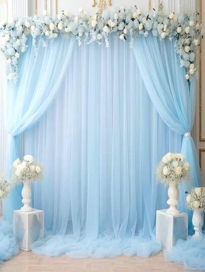1/2/4pcs Light Blue Tulle Backdrop Curtain, 2026 Spring Wedding Decor Tulle Banner, Wedding Party Background Cloth, Bridal Shower Birthday Party Backdrop Decorations, Wedding Supplies, Wedding Decor Tulle, Wedding Favors, Valentine's Day Decor, Stage Decor Tulle, Baby Shower Decor (With Clips)