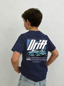 男童休闲印花圆领短袖T恤，夏季上衣 - 藏蓝色 - 查看 8