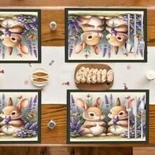 1pc/4pcs/6pcs/8pcs Vintage Rabbit Art Print Linen Placemats, Easter Gift, Easter Decor, Suitable For Dining Table, All Season Decoration, Modern Washable Tabletop Mat, Room Decor, Coasters, Kitchen Dining Placemats, Indoor Outdoor Party Decoration, Home Decor, Ideal Gift - Multicolor - View 4