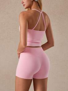 NcmRyu 女士瑜伽健身网球匹克球高尔夫训练背心和短裤运动套装 - 粉色 - 查看 10