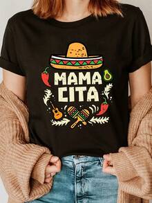 Camiseta de Algodón Casual para Mujer con Diseño Mexicano de Sombrero y Texto Mamacita Estilo Vintage Bohemio Gráfico Divertido Perfecta para Fiesta o Uso Diario Color Negro Tallas S a XL Ropa de Moda  2023 Alta Calidad - Negro - Ver 1