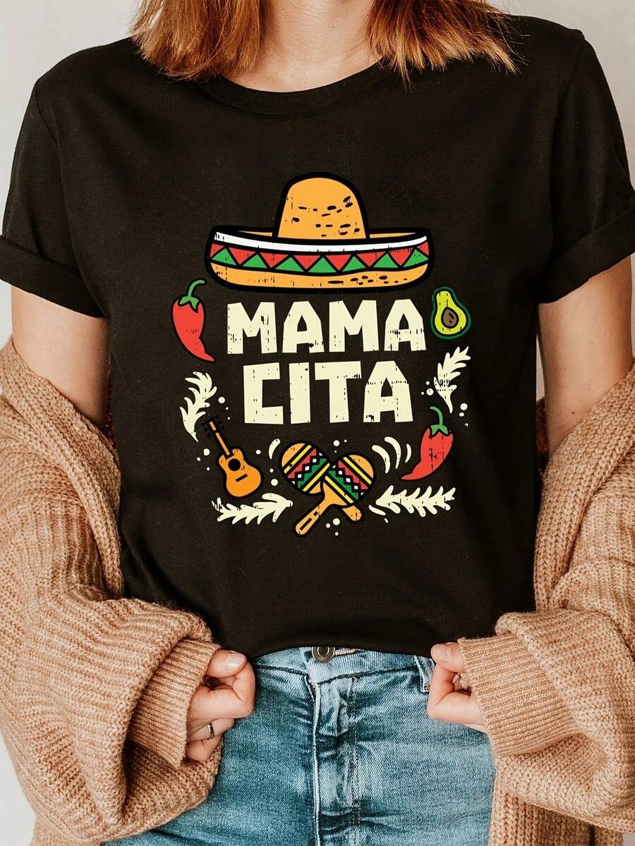 Camiseta de Algodón Casual para Mujer con Diseño Mexicano de Sombrero y Texto Mamacita Estilo Vintage Bohemio Gráfico Divertido Perfecta para Fiesta o Uso Diario Color Negro Tallas S a XL Ropa de Moda 2023 Alta Calidad - Negro - Ver 1