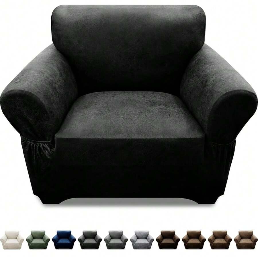 Single Sofa Cover Leather Look Chair Covers For Living Room 1-Piece Sofa Chair Covers With Arms Stretch Furniture Protector With Elastic Bottom & Pockets(Armchair, Black) - 黑色 - 查看 1
