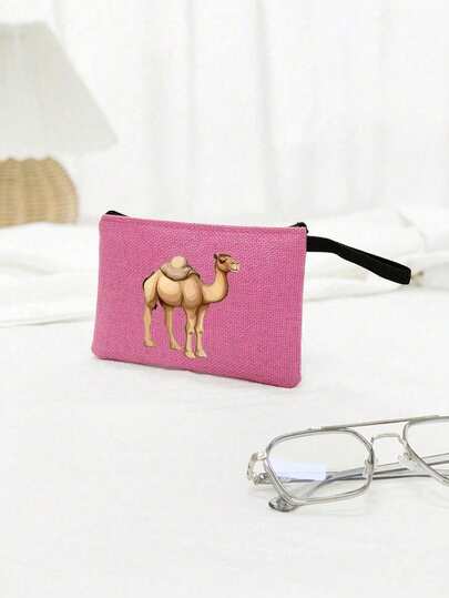 1 pieza Bolsa de maquillaje con cremallera con estampado de camello, estampado con un patrón de camello, cuerda de mano, bolsa de cosméticos de gran capacidad, bolsas de almacenamiento de viaje, bolsa de maquillaje con decoración del desierto de Oriente Medio, organizador de baño de viaje con cremallera, bolsa para productos de cuidado de la piel