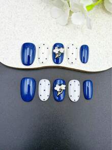 10pcs Set Of Handmade Nail Stickers, Navy Blue Almond Shape, Beautiful Fragrance Style French Manicure Stickers, Matte Nail Stickers - Navy Blue - View 6