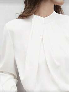 Long-Sleeved Top With A High Neck, Asymmetrical Design, Decorative Gathers, Loose Fit, Basic, Minimalist, Elegant, Chic, Casual Office Wear, Suitable For Teachers, Office, Weddings, Concerts. No Pleating. - 白色 - 查看 2