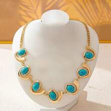 3pcs Luxury Fashion Exaggerated Creative Geometric Metal Smooth Music Symbol Inlaid Faux Turquoise Necklace + 1pc Exaggerated Elegant Bracelet + 1pc Adjustable Ring Jewelry Set, Suitable For Women To Wear At Evening Parties, Galas, Vacations, Holidays, And As Gifts - Turquoise - View 4