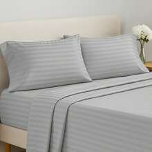 Lux Decor 4 Pc Stripe Bed Sheets, High GSM Brushed Microfiber Bedding Set With Deep Pocket Fitted Sheet & Pillowcases. Soft, Breathable, Hypoallergenic, Easy Care, And Wrinkle Resistant For Year-Round Comfort And A Classic Hotel-Quality Look. - 灰色 - 查看 1