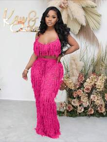 Dopamine Stunning Fashion Slimming Street Party Daily Commuting Sexy Perspective Knitted Hand Hook Fringe Beach Set - Màu Hồng Tươi - Xem 2