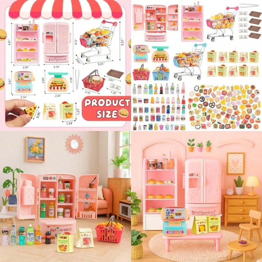 180 Pcs Dollhouse Furniture Miniature Kitchen Accessories Mini Shopping Cart Metal Trolley Basket Food Drink Toy Supermarket Store Grocery Shelves Cash Register Fridge Scale Pretend Play Game PartyChildren's Joyful Games, Essential Toys For Children - As Pic - View 1