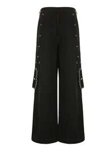 Women Cargo Jeans, Striped Zipper Button Closure Loose Casual Trousers Streetwear With Pockets - 紅色 - 查看 6