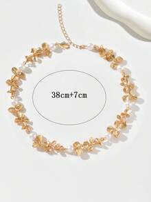 1pc Adjustable Golden 3-Petal Flower Necklace, Elegant, Luxury Design, Versatile, Faux Pearl Flower Jewelry Necklace Suitable For Women's Daily Wear, Beach, Party, And Gift - Gold - View 4