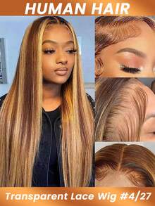 4/27 渐变色蕾丝前假发，13x4 预拔毛，蜜金色挑染，透明蕾丝前额，180% 密度 - S4/27 - 查看 3