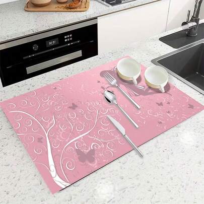 1pc Super Absorbent Quick Dry Non-Slip Kitchen Mat - Dish Drying Pad With Pink Butterfly Girl Pattern, Non-Slip Base, Suitable For Coffee Bar, Dining Table - Easy Clean Surface And Fast Drying Design, Fits Modern Or Traditional Kitchen, Coffee Bar Accessories, Stylish Home Decor