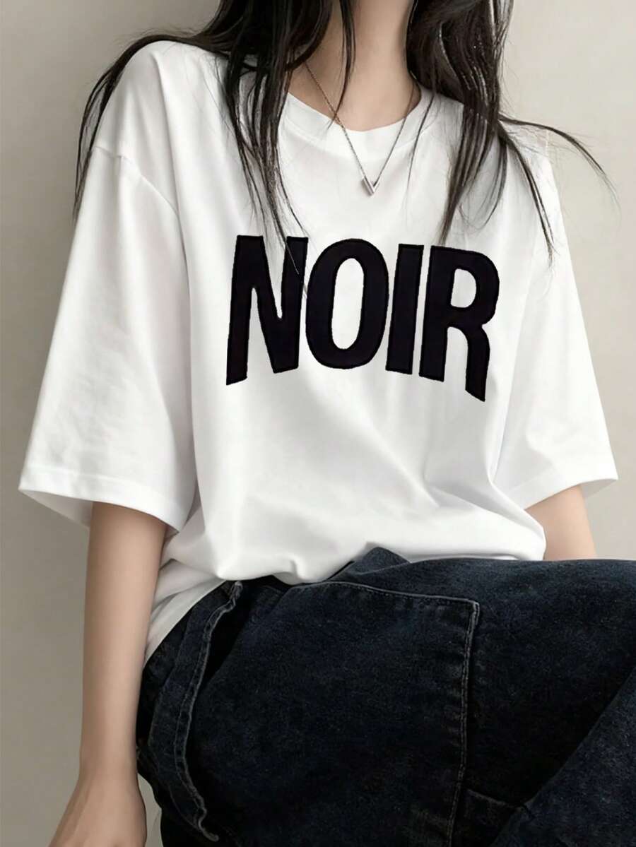 Women's Casual Round Neck Loose Fit Letter & Cartoon Print Short Sleeve T-Shirt, Japanese Style, Spring/Summer White - White - View 1