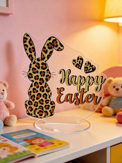 1 Piece Of Acrylic 2D Flat Decoration With Easter Cartoon Bunny And Blessing Message Pattern, Suitable For Easter And Home Desktop Decoration, Perfect Gift For Family, Friends, Girlfriends And Children