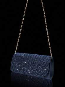 Sparkling Rhinestone Flap Evening Bag, Elegant Pleated Clutch Purse For Party, Comes With 3 Pieces Rhinestone Jewelry Set - Pendant Necklace, Earrings, Bracelet, Suitable For Party, Gala, Gathering, Ball, Wedding And Other Occasions - 藏蓝色 - 查看 4