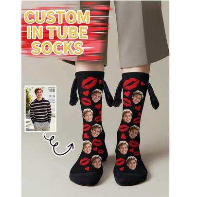 1 Pair Customizable Children's Mid-Calf Socks With Hand-In-Hand Series, Can Print Any Face On The Socks, Personalized Photo Socks, Interesting Customized Pattern Mid-Calf Socks, Suitable For Valentine's Day, Birthday, Gifts And Other Occasions, Personalized Customization