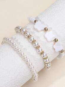 3pcs Girls' White Flower, Heart, Star, Butterfly Beaded Elastic Stretch Bracelet - White - View 7