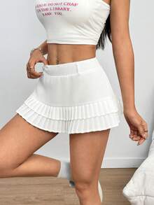Women's Low Waist Pleated Mini Skirt With Belt & Ruffle Hem A-Line Skirt, Suitable For Casual Daily Wear, Vacation, Street Style In Summer Spring - Beige - View 4