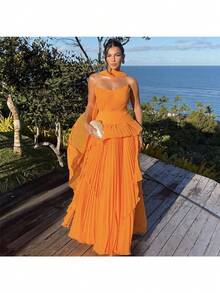 Autumn New Fashion Temperament Elegant Tube Top High Waist Pleated Streamer Dress - trái cam - Xem 2