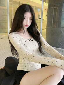 New Spring/Summer Polka Dot Knit Top With Bow Collar, Long Sleeve, Slim Fit, Versatile, Sweet & Youthful - White Background With Black Dots - View 4