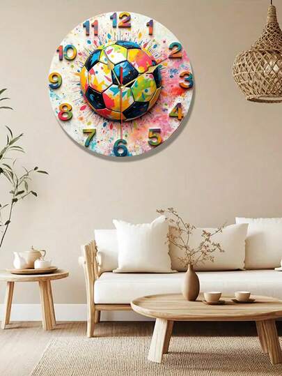 Ceas de perete creativ la modă 2D colorat cu tematică de fotbal, ceas suspendat acrilic silențios, potrivit pentru camera de zi, dormitor, birou, decor de cămin, cadou perfect de Crăciun, Halloween, necesită baterii AA