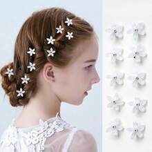 10 piezas de pasadores de pelo con flores de diamantes de imitación blancos para chicas, adecuados para la vida diaria o para las niñas de las flores en temporada de bodas - Blanco - Ver 9